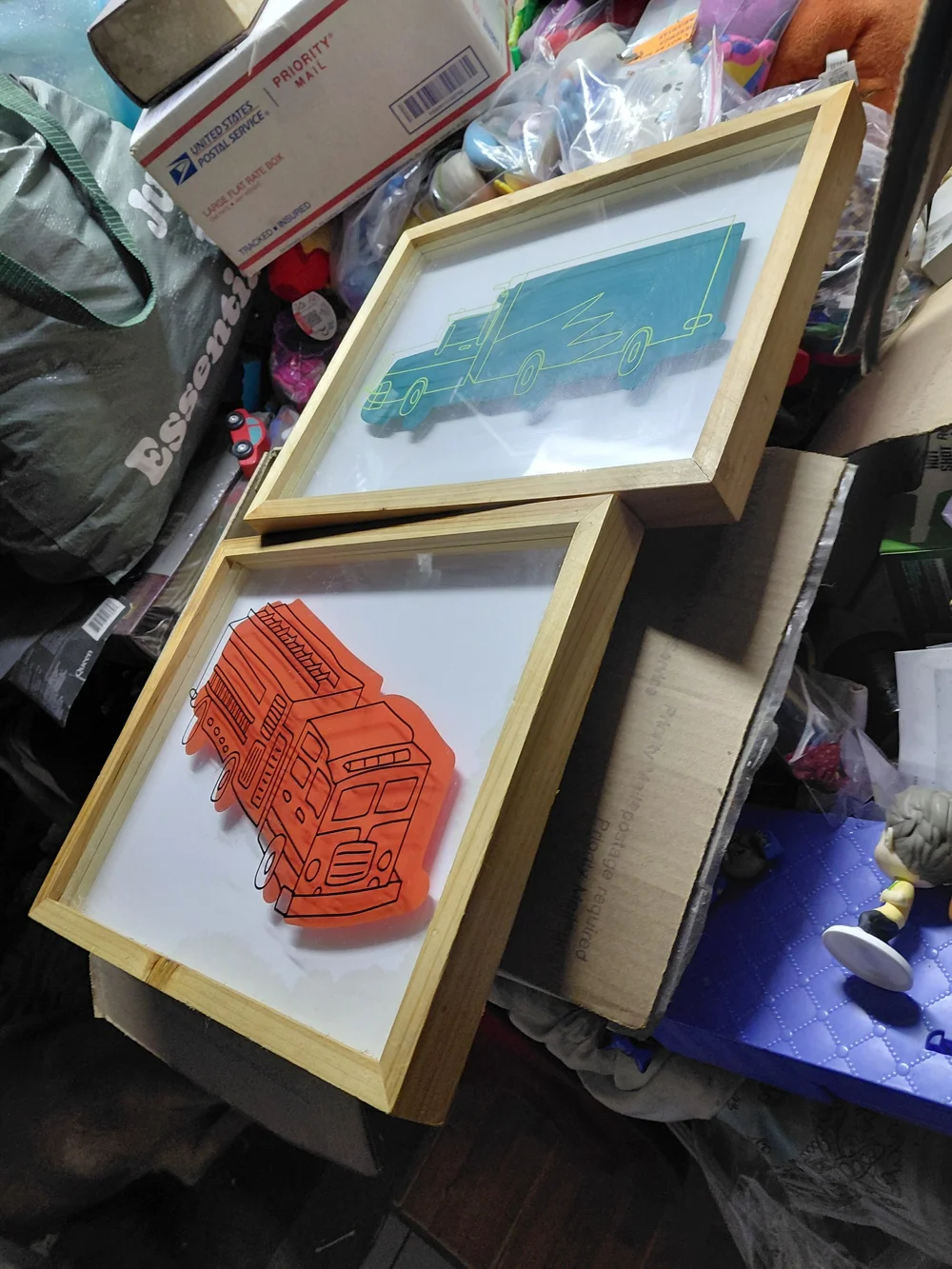 Target Pillowfort set fire truck and a semi-truck in 3D shadow box 14
